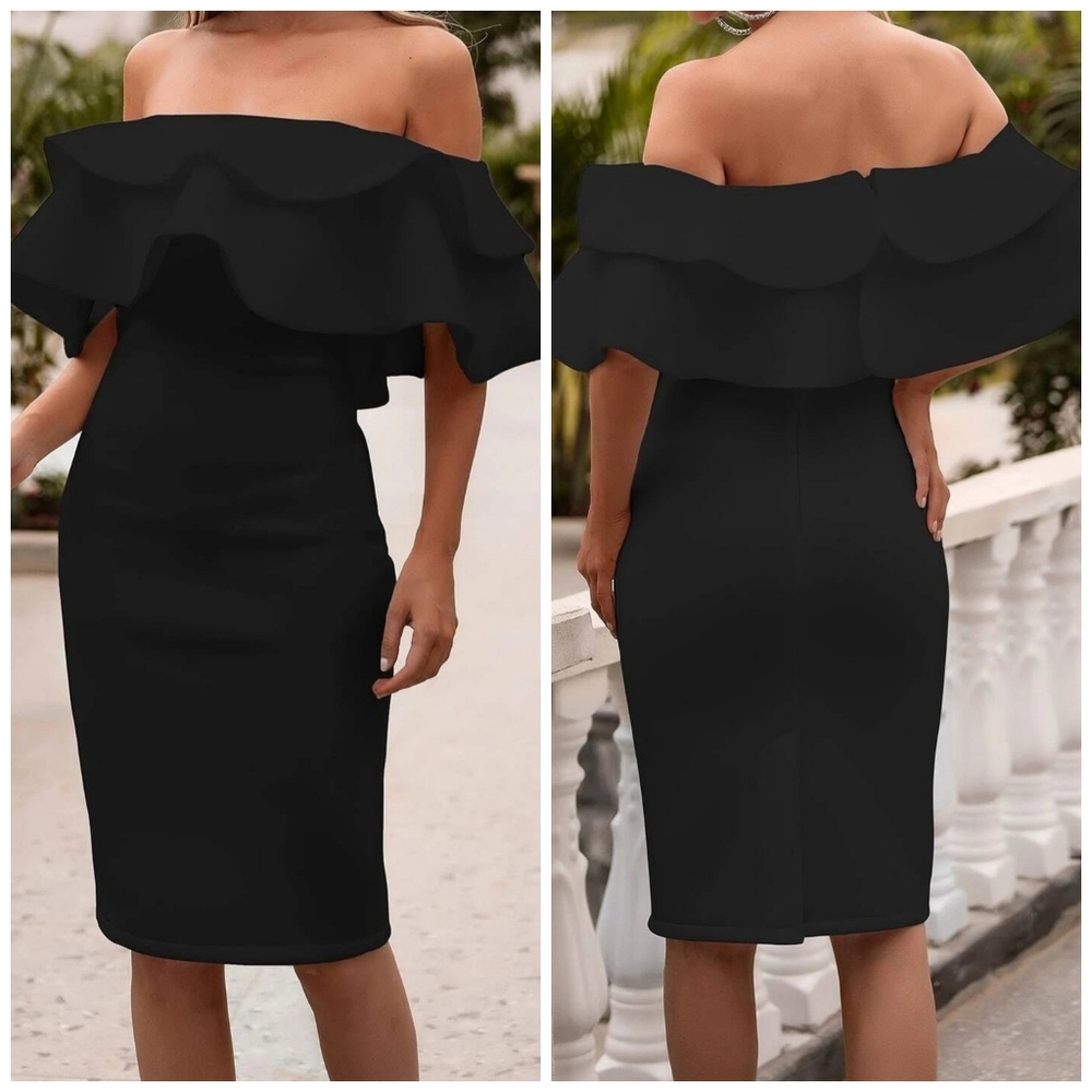 Fashion Sexy Black midi Dress size L S strech,. Thick material neoprene fabric.